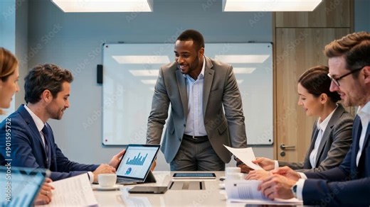 African American business leader presenting to a diverse team in a modern conference room. Corporate professionals discussing strategy with charts and laptops. Teamwork and leadership concept