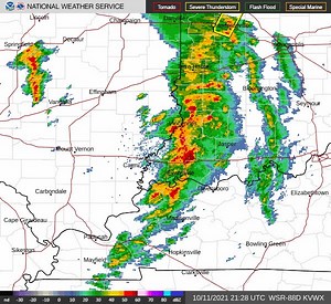 [4:37 PM Monday, 10/11] Radar update: A line of thunderstorms extends from southwest Indiana into the Kentucky Pennyrile. The line is moving northeast at 50 mph. Expect wind gusts up to 40 mph and brief heavy downpours. The storms will be out of the area by 7-8 PM. | US National Weather Service Paducah Kentucky