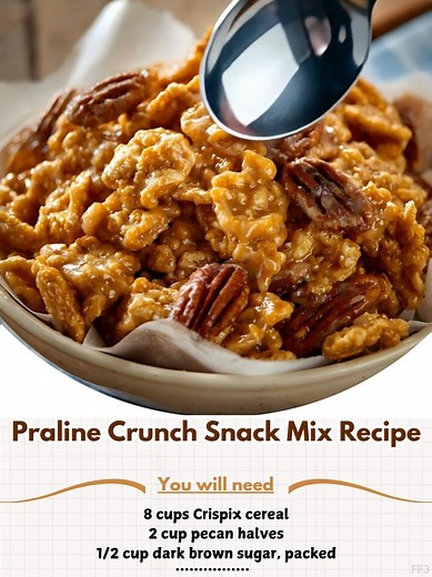17K views · 49 reactions | Praline ⛱ Crunch Snack Mix Recipe Ingredients 8 cups Crispix cereal 2 cup pecan halves 1/2 cup dark brown sugar, packed 1/2 cup light corn syrup 1/2 cup salted butter 1 teaspoon vanilla extract 1/2 teaspoon baking soda – Metric Instructions  | Grandma's Homemade Recipes | Facebook