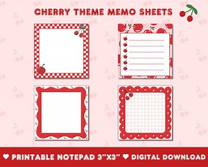 Cherry Notepad Printable, 3x3 Inch Cherry Theme Memo Pad, Kawaii Lined Memo Sheets, Digital Download Memo Pads, Cherry Memo Pad, Red Memopad - Etsy