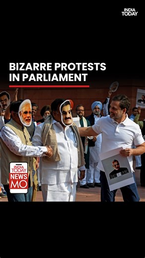 On 9 December 2024, Rahul Gandhi interviewed Congress MPs Manickam Tagore and Saptagiri Sankar Ulaka, wearing Modi-Adani masks, on Parliament premises about their alleged "special relationship." This only adds to the tradition of parliamentary discourse that frequently goes beyond speeches like Vajpayee's bullock protest #RahulGandhi #ParliamentProtest #Congress #PoliticalSatire #IndiaPolitics #NewsMO | India Today