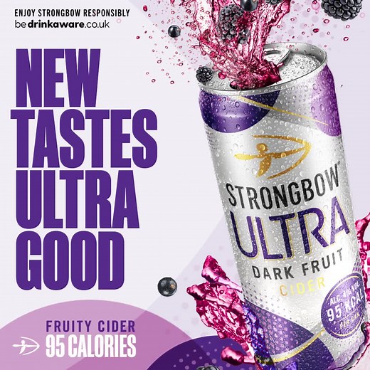 Introducing brand new Strongbow Ultra Dark Fruit. A refreshingly light cider with natural berry flavours and 95 calories per 330ml can. Available now! | Morrisons