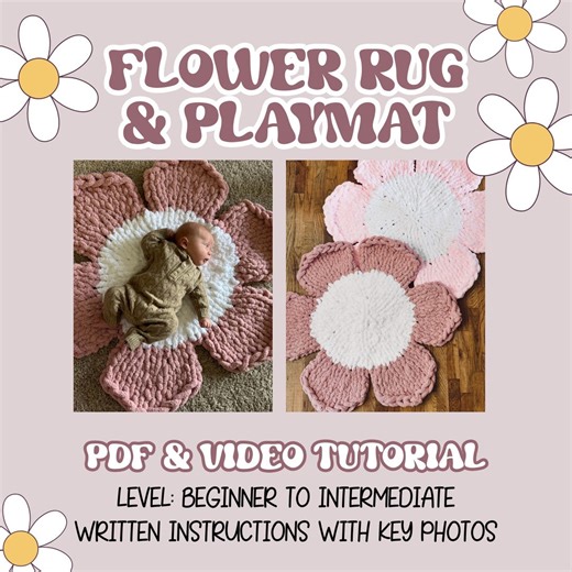 Chunky Hand Knit Flower Rug and Playmat Pattern, Tummy Time Hand Knitting Pattern PDF File, Video Tutorial, Intermediate, Chenille Yarn, DIY - Etsy