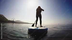 MS Rear view of woman paddle boarding on lake / Torquay, Devon, UK