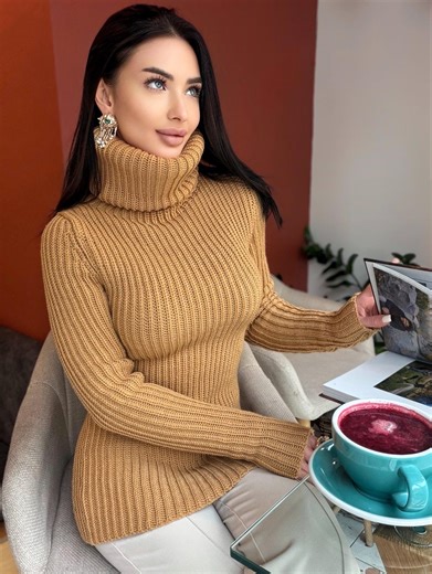 Hand Knit Large Merino Wool Beige/caramel Turtleneck Sweater Dress Cable Knit Pastel Wool Pullover Womens Chunky Knit Sweater Dress - Etsy