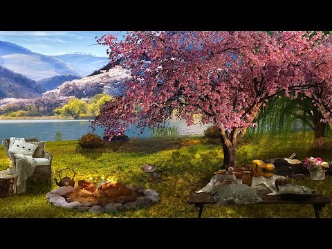 Spring Ambience | Morning Ambience & Cozy Fireplace | Spring Lake with Cherry Blossoms
