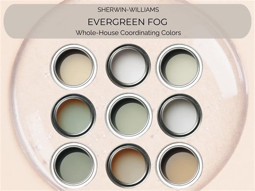 Paleta Evergreen Fog SW 9130 da Sherwin Williams | Cores de tinta rústicas modernas | Esquema verde-sálvia para toda a casa | Casa de campo moderna - Etsy Portugal