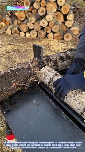 Man Using Hydraulic Log Splitter to Split Firewood