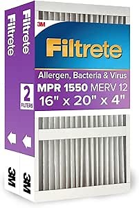 Filtrete 16x20x4 AC Furnace Air Filter, MPR 1550, MERV 12, Fits Lennox & Honeywell, Allergen, Electrostatic Air Cleaning Filter, 2-Pack (actual size 15.88x19.88x4.31 in)