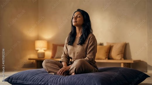 Woman practicing meditation and deep breathing in a cozy room. Mindfulness and wellness for mental health. Spiritual self-care routine at home