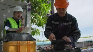 Fusion of Fiber Optics Cable Internet signal splicing and wire connection using equipment, optical line welding machine Optic fiber soldering ISP engineer