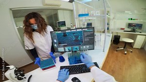 FPV of biologist doctor checking liquide from test tubes, writing on pc, while colleague bringing blood samples. Scientists examining vaccine evolution in medical lab using high tech for research.