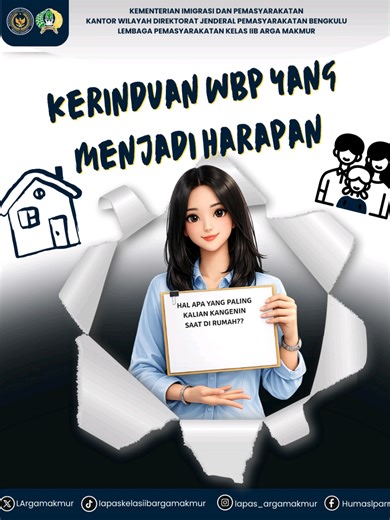 Kerinduan WBP yang Menjadi Harapan 🤍 Di balik tembok pemasyarakatan, selalu ada rindu yang tersimpan—rindu akan rumah, keluarga, dan kehangatan kebersamaan. Kerinduan itulah yang menjadi harapan, sekaligus motivasi bagi Warga Binaan untuk terus berbenah dan menjadi pribadi yang lebih baik. Lapas Kelas IIB Arga Makmur terus berkomitmen menghadirkan pembinaan yang humanis, menumbuhkan harapan, serta mempersiapkan Warga Binaan agar siap kembali ke tengah keluarga dan masyarakat dengan bekal nilai 