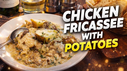 Creamy chicken fricassee with potatoes traditional French dish