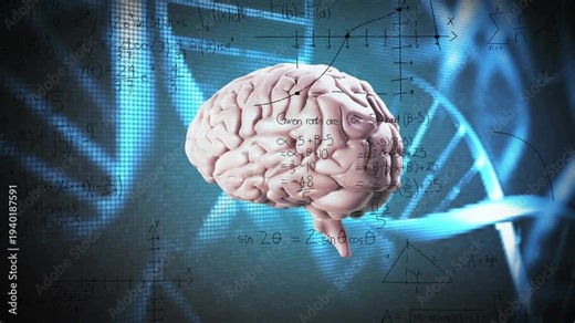 3D brain model rotating on playback, DNA helix pulsing, math equations growing for neuroscience