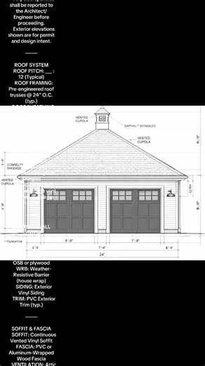 GARAGE – FRONT ELEVATION NOTES (Massachusetts Permit Standards – 780 CMR) GENERAL \tAll work shall comply with 780 CMR (Massachusetts State Building Code) and all applicable local amendments. \tContractor to verify all field dimensions prior to construction. \tAny discrepancies shall be reported to the Architect/Engineer before proceeding. \tExterior elevations shown are for permit and design intent. ⸻ ROOF SYSTEM \tROOF PITCH: ___ : 12 (Typical) \tROOF FRAMING: Pre-engineered roof trusses @ 24”