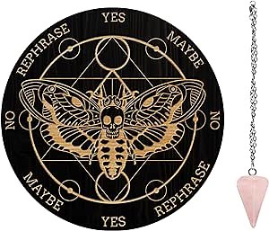 AHANDMAKER Pendulum Board Set, Wooden Dowsing Divination Board Metaphysical Message Board with Crystal Pendulum Necklace for Witchcraft Wiccan Altar Supplies Kit, Moth & Geometry
