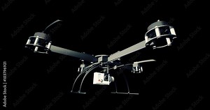 A looping 3D Animation of a drone (quadcopter) flying forward with attached camera. The clip has an alpha channel, realistic movement and motion blur.