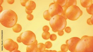 Juicy oranges floating against orange background. Mandarin, tangerine, oranges. Super Slow motion, selective focus. 3d animation video, 4K