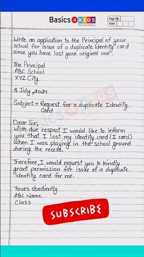 Write an application to your principal for issue of a duplicate identity card in English