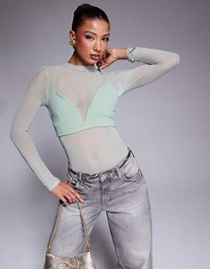 ASOS DESIGN layered mesh bodysuit with plunge bralet in sage | ASOS
