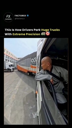FACTORSX on Instagram: "Reversing a 65-foot truck with just inches to spare isn’t luck, it’s years of training, muscle memory, and spatial mastery. 🚛💥 Professional truck drivers are trained to reverse park massive rigs into tight loading docks using just mirrors, depth perception, and calculated steering arcs. They memorize pivot points for every trailer type, compensate for blind spots, and often practice for years before they’re allowed to park in dense depots like this. Some even use “sight