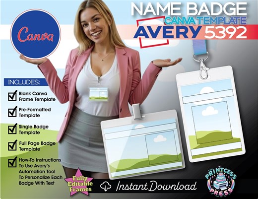 Customizable Avery 5392 Name Badge Template for Canva | Canva Template Name Badge Free Instructions: How to Use Avery Mail Merge With Canva - Etsy Australia