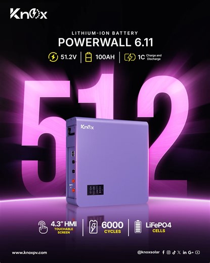 Unleash advanced power control with Knox Powerwall 6.11 Featuring a 4.3” HMI touch screen, 51.2V 100Ah capacity, and 6000 life cycles — designed for smarter, longer, and safer energy storage. LiFePO4 Technology | 1C Charge & Discharge | Reliable Backup #KnoxSolar #Powerwall611 #LithiumBattery #LiFePO4 #EnergyStorage #SolarPakistan #SmartEnergy #TouchControl #GreenPower #SustainableFuture | KNOX Solar