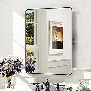 TETOTE Pivot Bathroom Mirror Black Framed Round Corner Rectangle 20x30In,Tilting Rounded Corner Rectangular Vanity Mirror,Adjustable Rotating,Wall Mounted(Vertical/Horizontal)