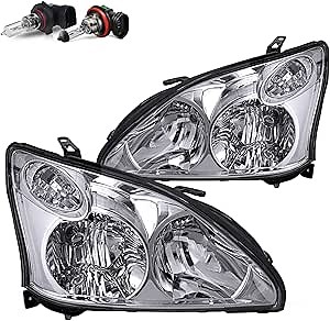 Halogen Headlight Assembly Compatible with 2004-2009 Lexus RX350 RX330 Headlamp w/o HID Driver and Passenger Side, Chrome Housing with Clear Reflector