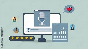 Podcasting and Social Media Concept Animation 2d Design. Computer Screen with Microphone, Audio Record and Social Symbols