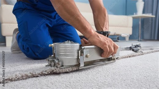 Repair technician using a serger machine to neatly bind the edge of a damaged carpet in a home interior setting