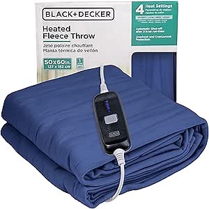BLACK+DECKER Heated Blanket Electric Throw, Fleece Electric Blanket, Heating Blanket with 4 Heating Levels, 3H Timer, Auto Shutoff, Fast Heating (50x60 inches, Navy)