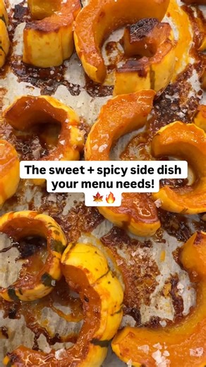 Maple glazed delicata squash 🍁✨ Sweet, buttery, and just a little spicy thanks to gochujang 🌶️ The perfect cozy side for fall dinners! 👉 How to make it: 1️⃣ Cut and seed 1 delicata squash, slice into 1-inch pieces 2️⃣ Mix 3 tbsp butter 🧈 2 tbsp maple syrup 🍁 1 tsp gochujang 🌶️ 3️⃣ Toss squash in glaze, place on parchment-lined pan (save extra glaze) 4️⃣ Bake at 400°F for 15 min, brush with leftover glaze, bake 10 more 5️⃣ Enjoy warm and golden brown 😍 #DelicataSquash #MapleGlaze #FallReci