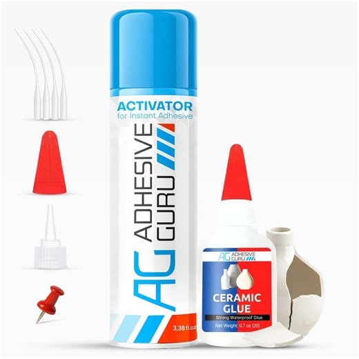 AG ADHESIVE GURU AG Ceramic Glue 0.7 oz. & Activator Spray 3.38 fl oz. Set, Fast-Drying Clear CA Glue Set for Porcelain, Pottery, Crafts adgr_ceramic_glue_1pk_AG210A_SET - The Home Depot