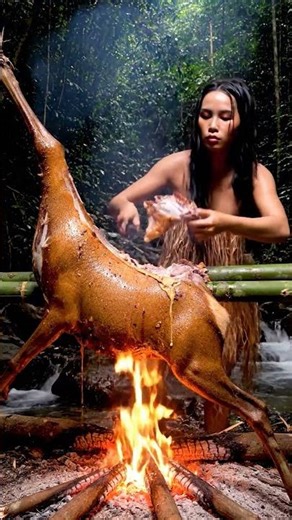 Primitive Tribal Woman Roasts Giant Wild Deer in Deep Jungle | ASMR Cooking