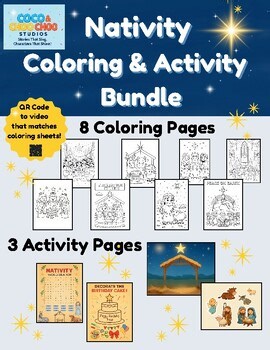 Nativity Coloring & Activity Bundle|8 Coloring  3 Activities | QR Code Video
