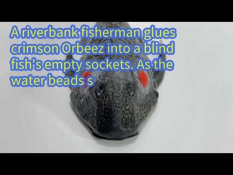 A riverbank fisherman glues crimson Orbeez into a blind fish's empty sockets. As the water beads s