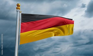 Flag Germany against cloudy sky. German flag waving in the wind, national symbol. Country, nation, union, flag, government, german culture, politics.