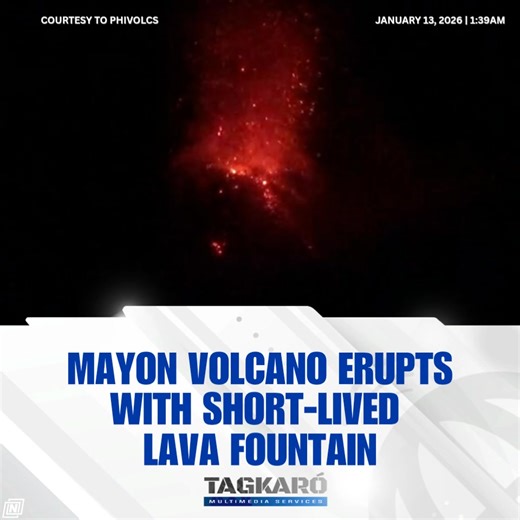 MAYON VOLCANO ERUPTS WITH SHORT-LIVED LAVA FOUNTAIN‼️ 🌋🚨 ​ ALBAY, Philippines — Monitoring teams at the Mayon Volcano Observatory captured a striking display of volcanic activity in the early hours of January 13, 2026. ​ At 1:39 AM, an incandescent lava fountain surged from the summit crater, reaching an estimated height of 100 meters. The event, while brief, lasted approximately 35 seconds and was clearly recorded by high-resolution monitoring cameras stationed at the Mayon Volcano Observator