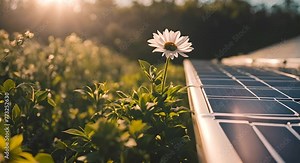 Flower next to a solar panel.