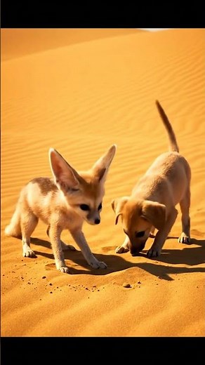 Fennec Fox Cub and Puppy Play in the Sand