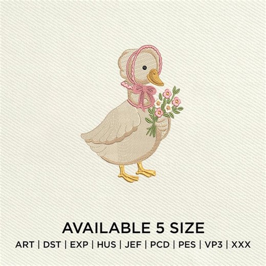 Vintage Duck Embroidery Design, Cute Duck with Bonnet and Flowers Embroidery, Farm Animal Machine Embroidery
