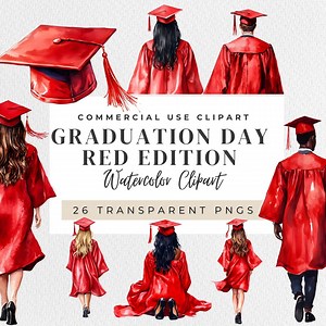 Graduation Day - Red Edition Watercolor Clipart – Red Gown Graduates PNG, Commencement Illustration, Graduation Hat - Graduation Designs - Etsy