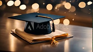 Graduation hat and certificate. Diploma and academic cap. A mortarboard and graduation scroll, golden sparks. Celebration 4k video