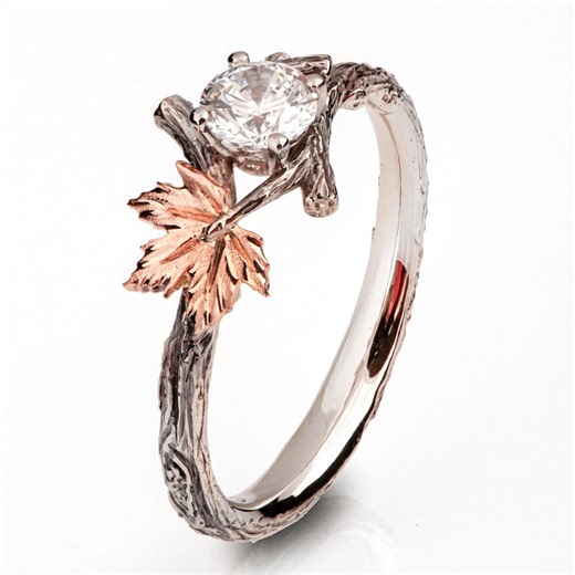 Twig and Maple Leaf Diamond Engagement Ring - Etsy