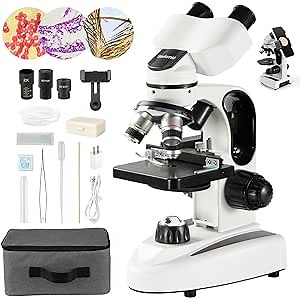 Compound Binocular Microscope 40X-2000X LED Lighting for Kids Students Adults School Laboratory Home Education with Microscope Slides Set Phone Adapter Spiral Moving Scale