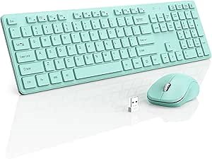 WisFox 2.4GHz Full-Size Silent Keyboard with Numeric Keypad, Long Battery Life, Lag-Free, Slim USB Cordless and Mouse for PC Laptop Windows (Mint Green)