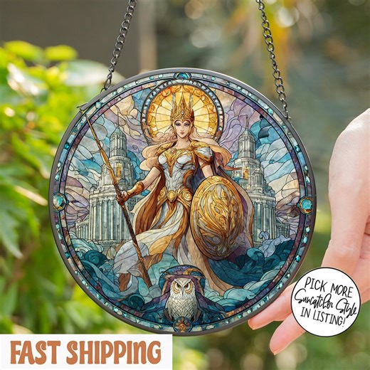 Athena Goddess of Wisdom Glass Suncatcher, Greek Mythology Warrior Decor, Owl Symbol Window Hanging Gift for Her - Etsy UK