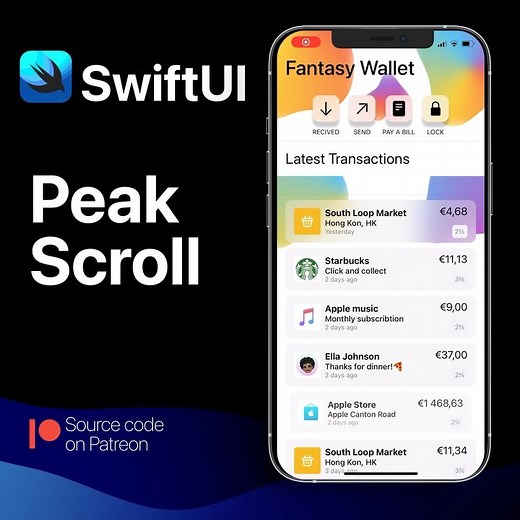 Daniel: iOS developer - UI designer on Instagram: "Peak scrolling in swiftui. 🔥🚀 This is part of fantasy wallet project Source code on Patreon -> link in bio @iam_iosdev #swiftui #appledev #developerlife #coder #mobiledev #uidesigner #coderlife #freelancer #developer #iosdeveloper #uiux #programmerlife #iosdeveloperlife #iosdevelopers #3d #3drender #programmers #firebase #remotedeveloper #swiftaward #iosdevlife #peoplewhocode #iosdev #xcode #iosdevelopment #tech #mobiledevelopment #entrepreur